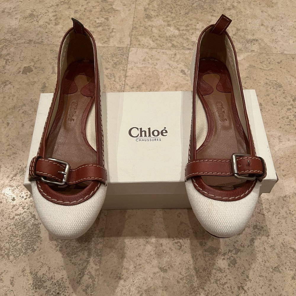 Chloe White Flat with Brown Leather Buckle